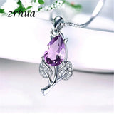 ZRHUA Silver Necklace Tear Purple Crystal Flower Pendant Choker