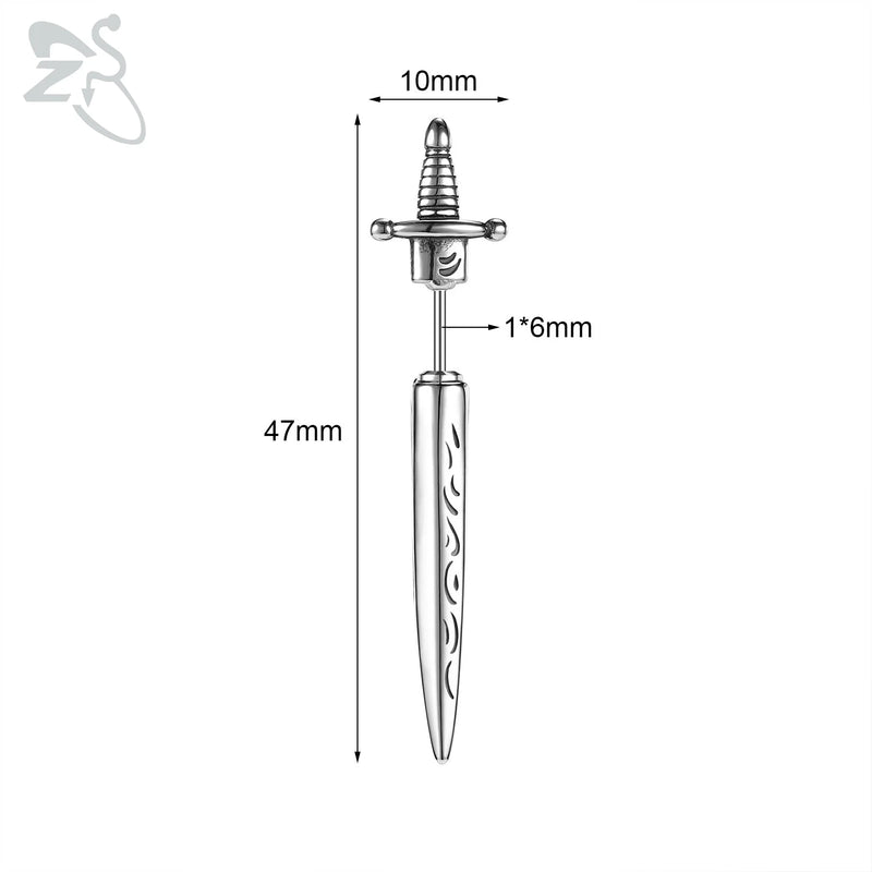 Punk Sword Shape Stud Earring Unisex Gothic Red Zircon Earrings Stainless Steel