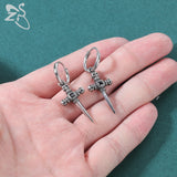 Punk Sword Shape Stud Earring Unisex Gothic Red Zircon Earrings Stainless Steel