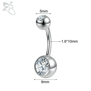 925 Silver Round CZ Belly Button Ring Solid Silver 14G Navel Piercings