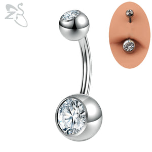 925 Silver Round CZ Belly Button Ring Solid Silver 14G Navel Piercings