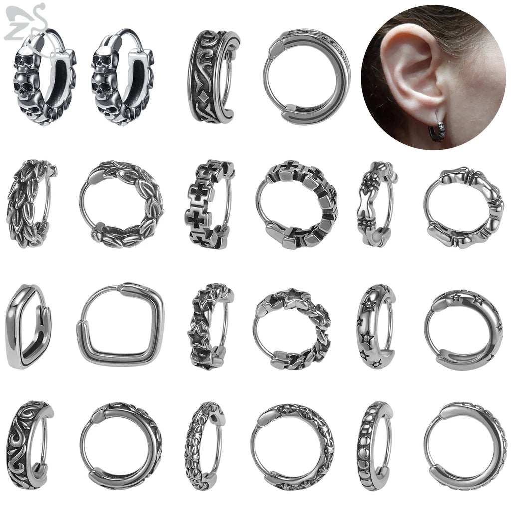 Gothic Punk Steel Hoop Earrings Men Women Rock Vintage Skull Star Circle