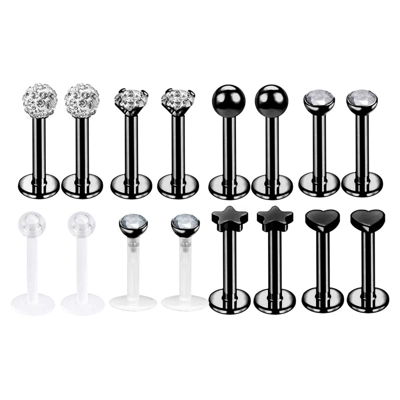 16G Surgical Steel Lip Piercing Set Crystal Ear Cartilage Tragus Hoop Nose Ring