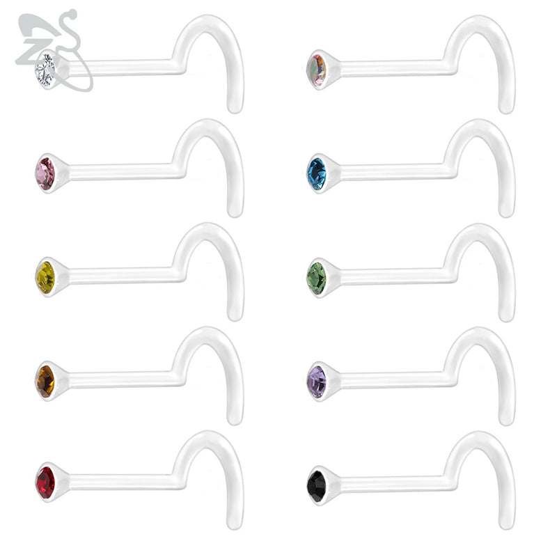 10pcs/lot Acrylic Nose Studs Colorful CZ 20g
