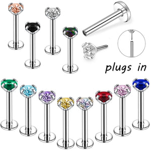 12Pcs 16G Zircon Lip Studs Stainless Steel Piercing Jewelry