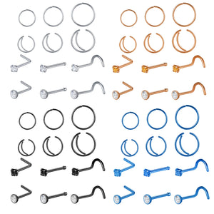 12pcs Stainless Steel Nose Piercing Set, 6 Hoop Septum Rings, 6 Nose Studs