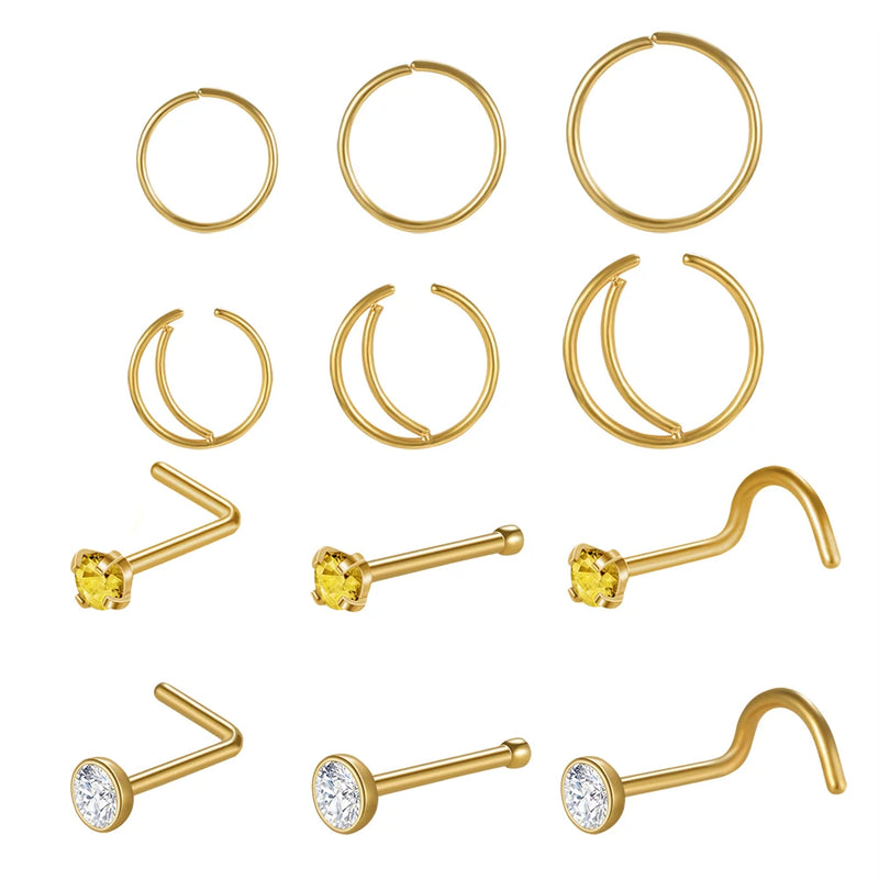 12pcs Stainless Steel Nose Piercing Set, 6 Hoop Septum Rings, 6 Nose Studs