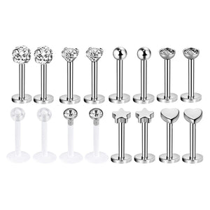 16pcs 16G Stainless Steel Labret Lip Piercing Earrings Body Jewelry