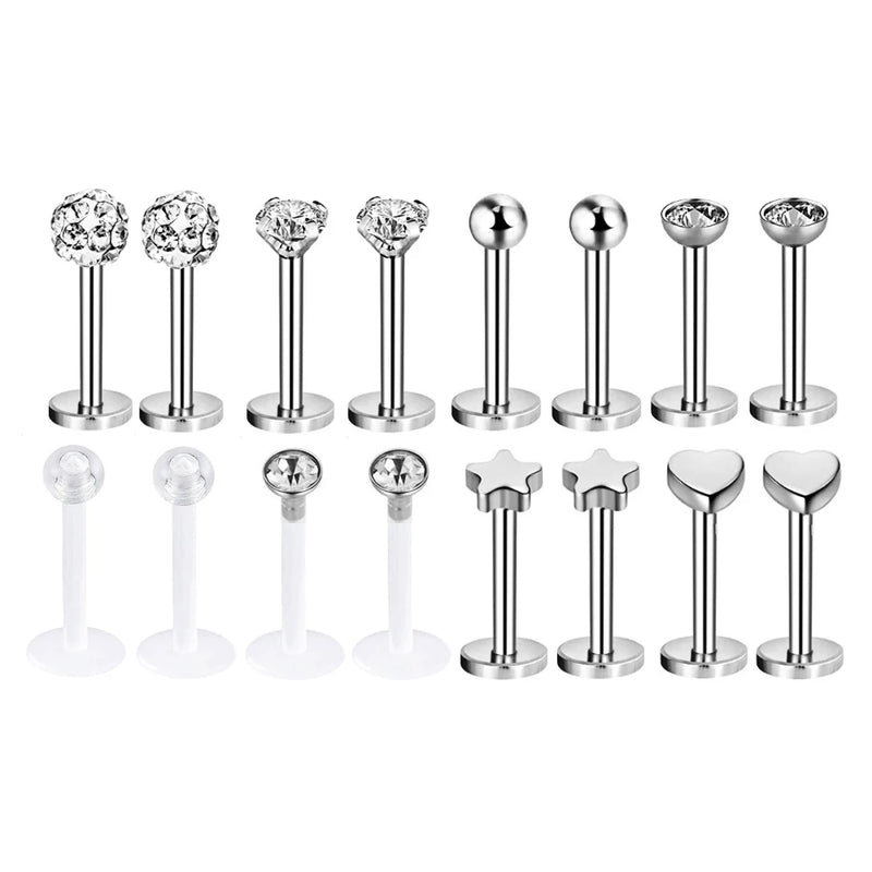 16pcs 16G Stainless Steel Labret Lip Piercing Earrings Body Jewelry