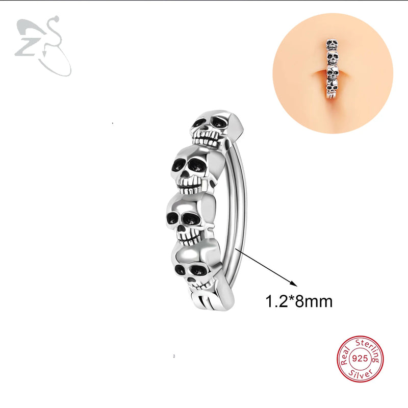 Skull Belly Button Ring 925 Sterling Silver Navel Ring Punk Belly Piercing
