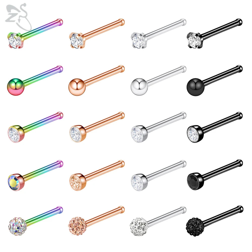 20pcs Colored Nose Stud Set 3MM CZ Crystal Nose Piercings 20g Bioflex Jewelry