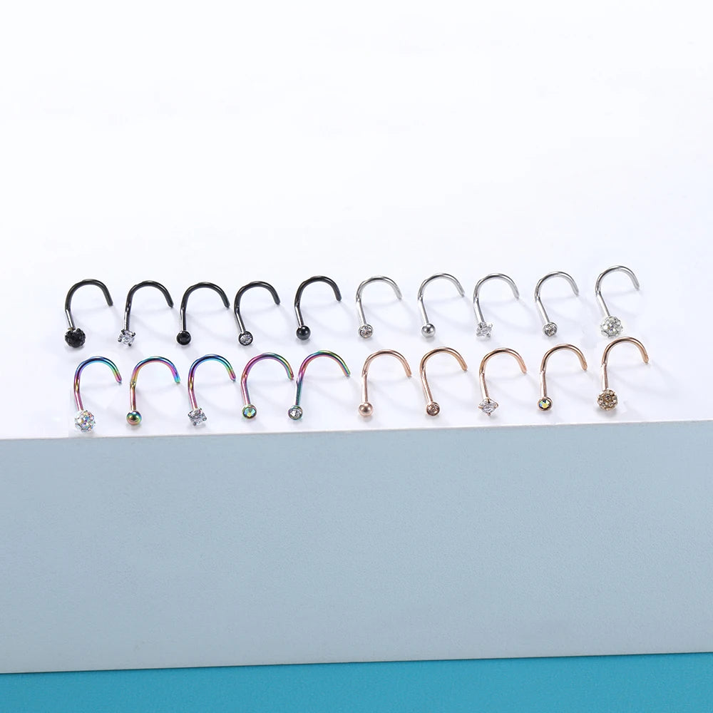 20pcs Colored Nose Stud Set 3MM CZ Crystal Nose Piercings 20g Bioflex Jewelry