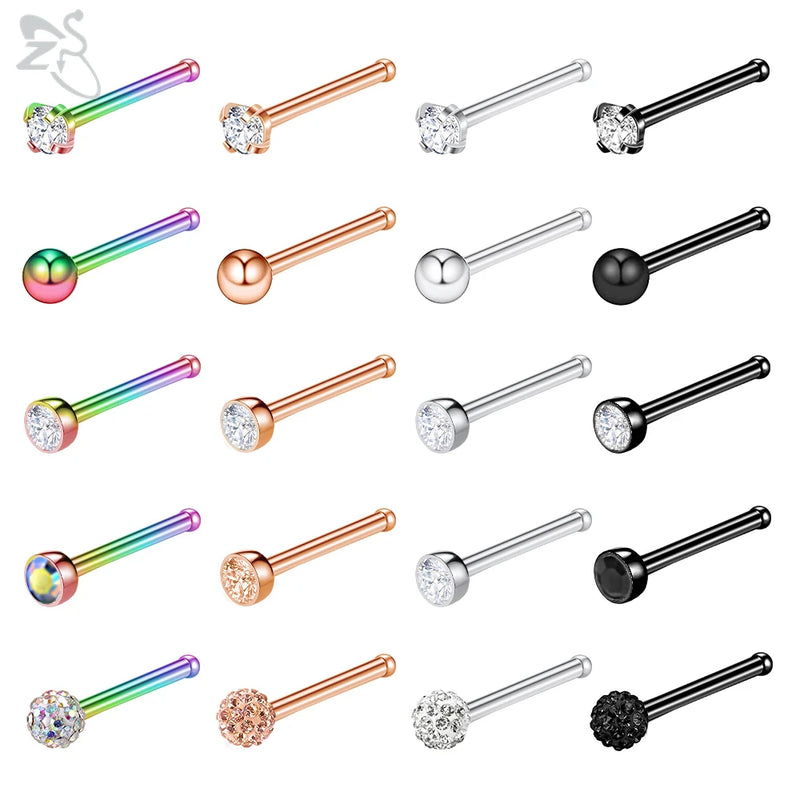 20pcs Colored Nose Stud Set 3MM CZ Crystal Nose Piercings 20g Bioflex Jewelry