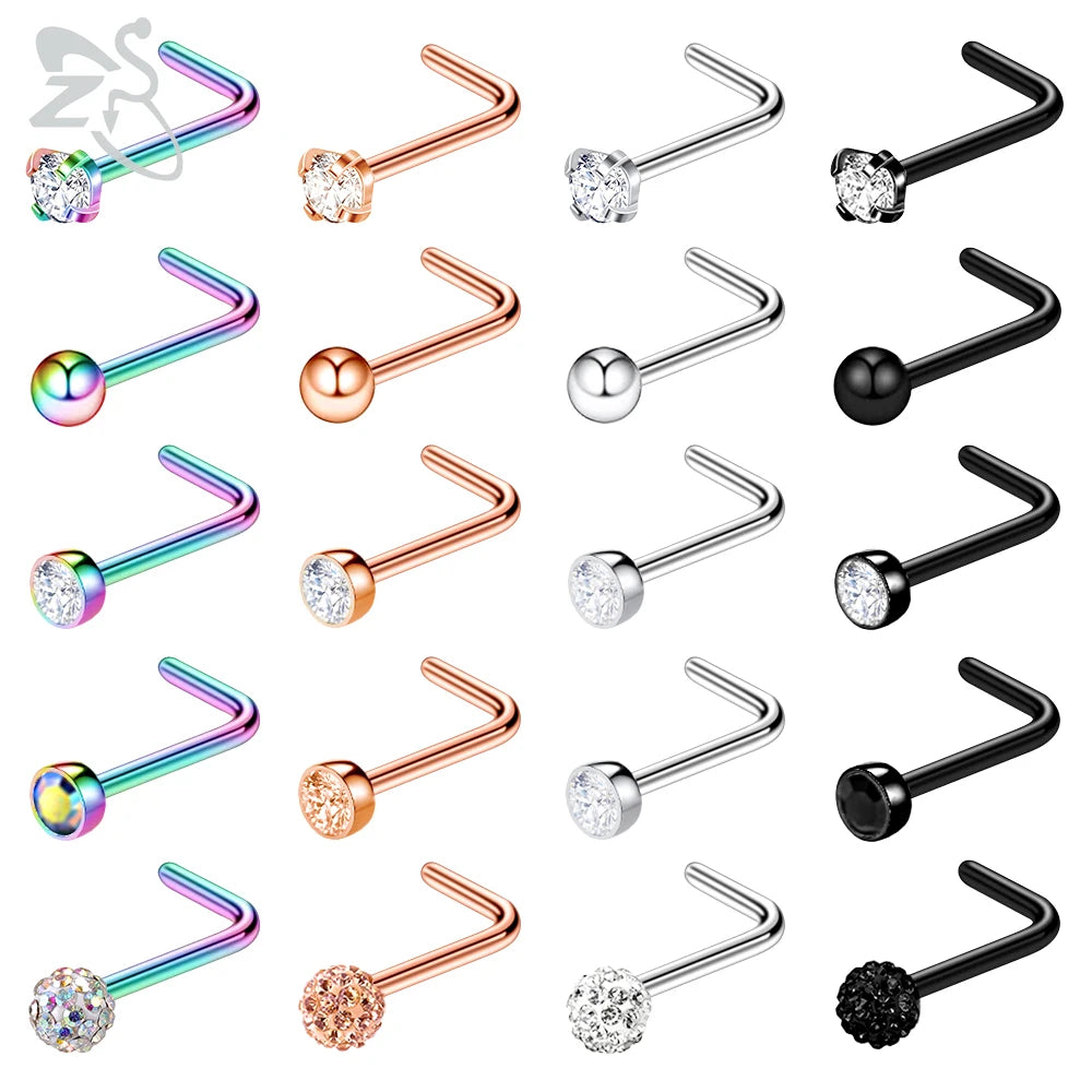 20pcs Colored CZ Crystal Nose Stud Set 20g Stainless Steel Nostril Piercings