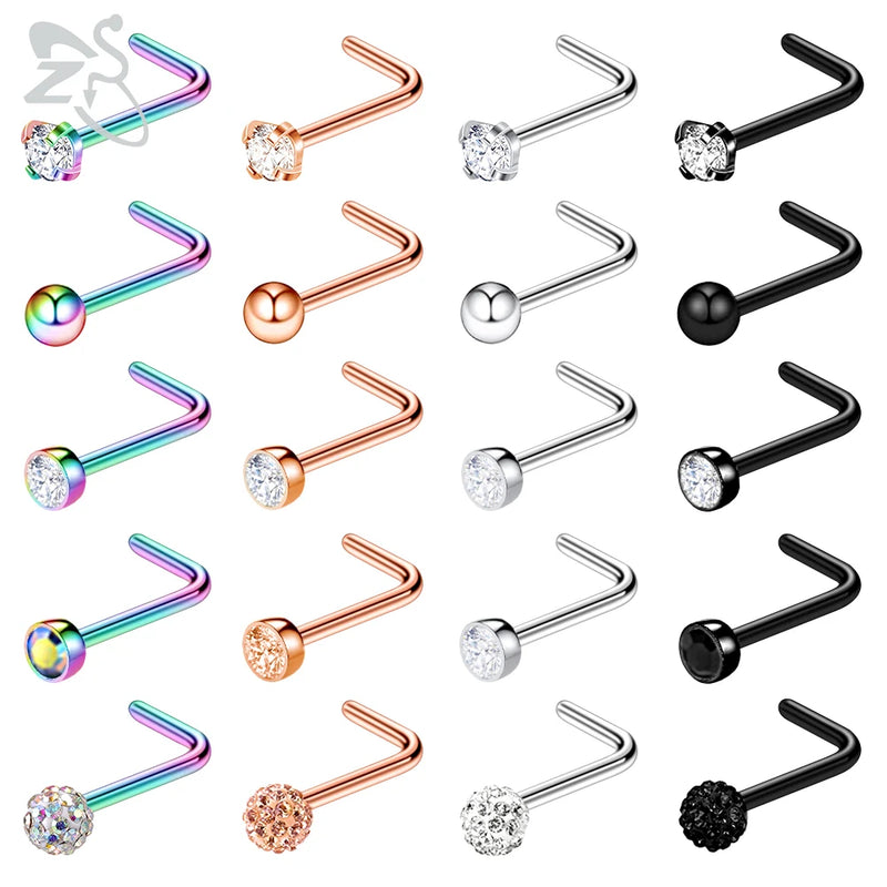 20pcs Colored CZ Crystal Nose Stud Set 20g Stainless Steel Nostril Piercings