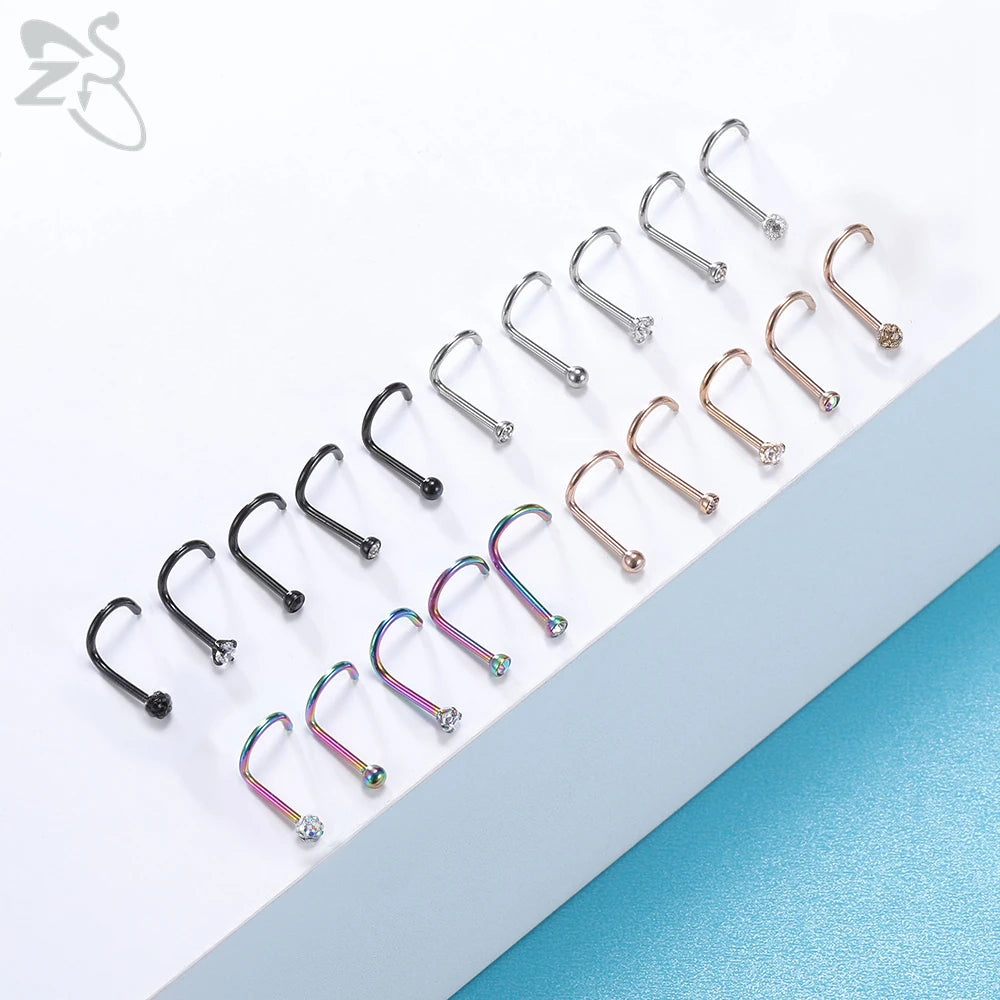 20pcs Colored CZ Crystal Nose Stud Set 20g Stainless Steel Nostril Piercings