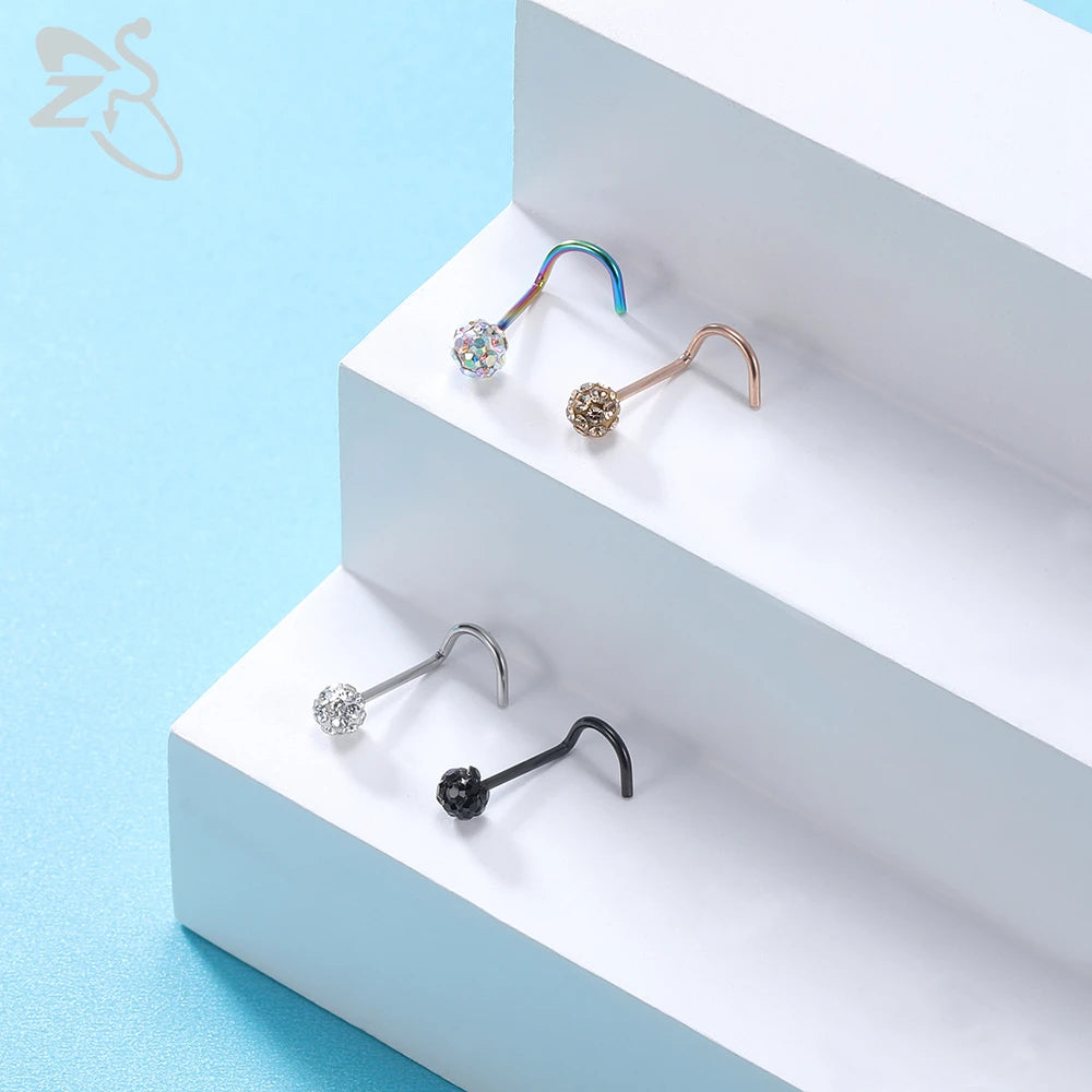 20pcs Colored CZ Crystal Nose Stud Set 20g Stainless Steel Nostril Piercings