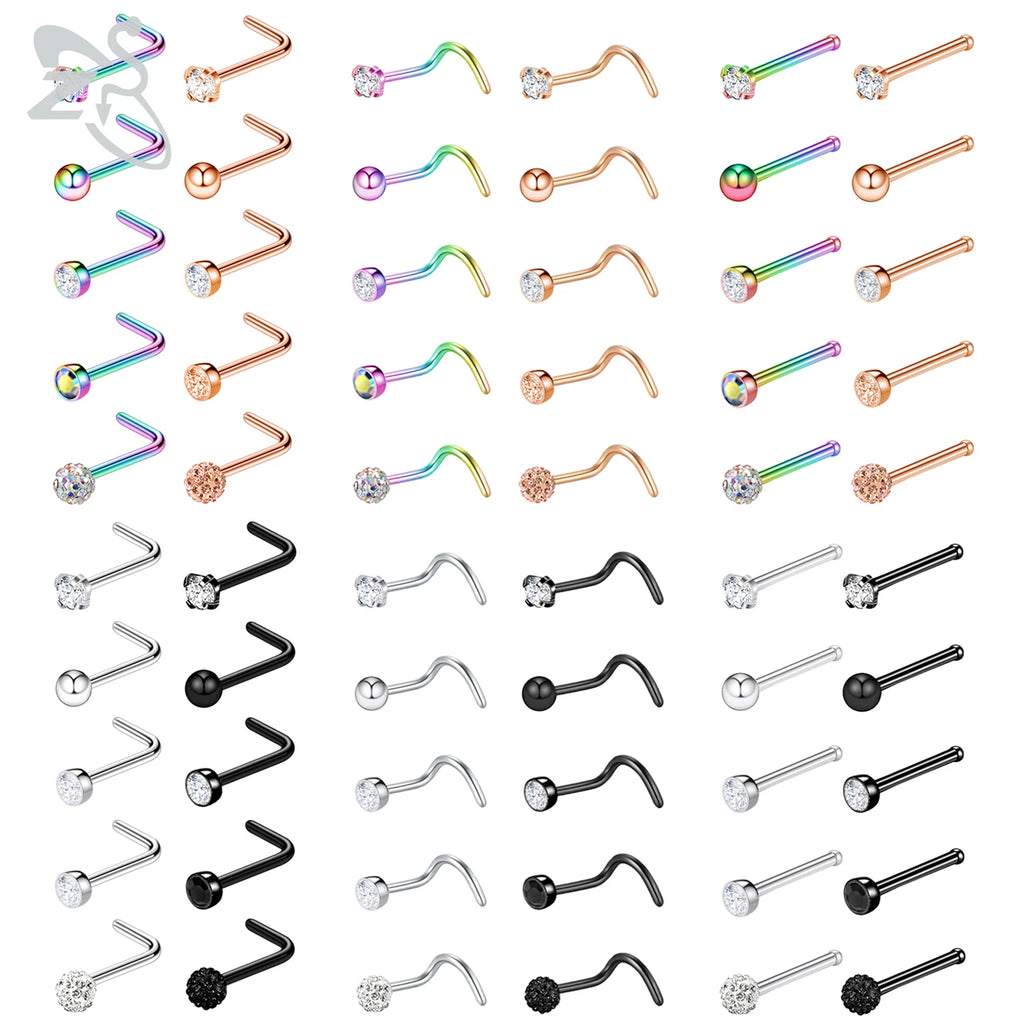 20pcs Colored CZ Crystal Nose Stud Set 20g Stainless Steel Nostril Piercings