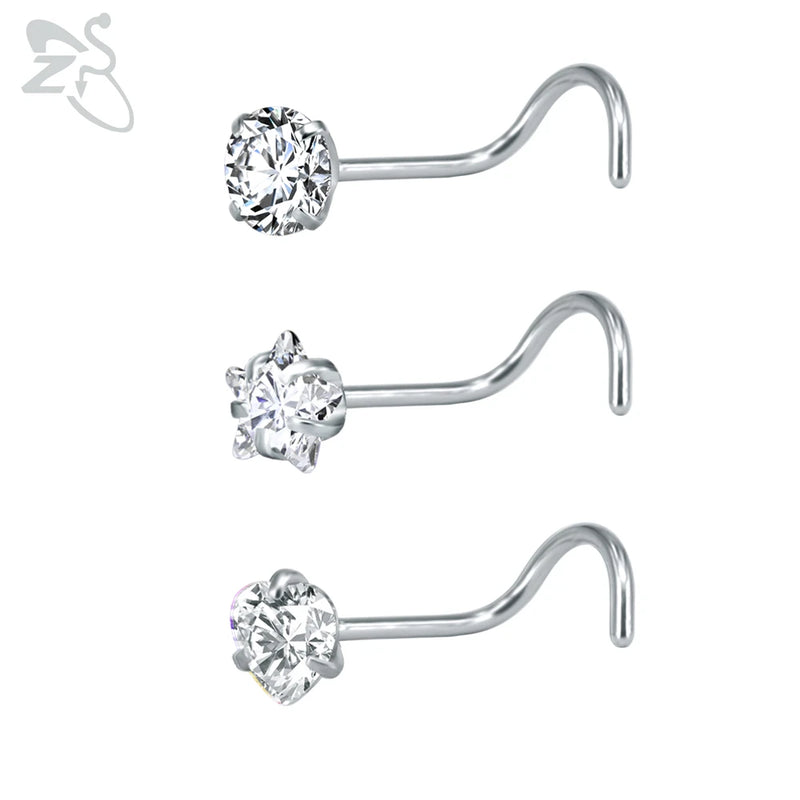 Stainless Steel Nose Stud Set CZ Crystal Nose Piercings 20g