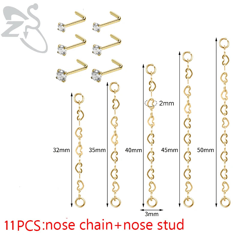 Red Crystal Double Nose Chain 316L Stainless Steel Nostril Piercing