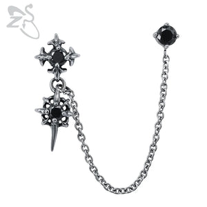 Double Cross Punk Chain Tassel Stud Earrings Men Gothic Rock Piercing Jewelry