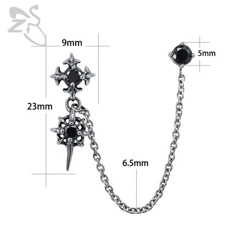 Double Cross Punk Chain Tassel Stud Earrings Men Gothic Rock Piercing Jewelry