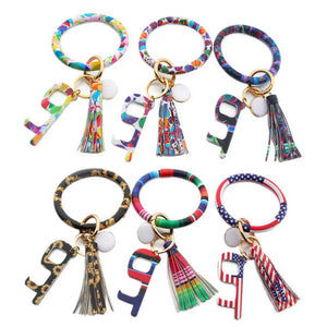 Acrylic Door Opener Wristlet Keychain PU Leather O Keyring Tassel Circle Key