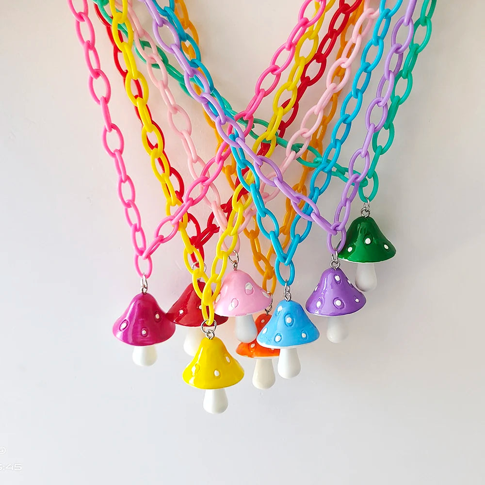 ZX Colorful Mushroom Pendant Necklace for Women Plastic Chain Chokers