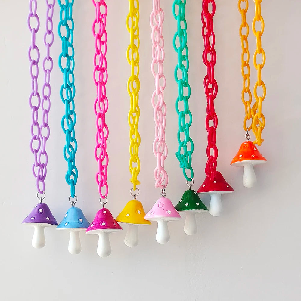 ZX Colorful Mushroom Pendant Necklace for Women Plastic Chain Chokers