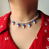 Simulated Pearl Beaded Chain Necklace with Mushroom Pendant for Women