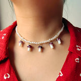 Simulated Pearl Beaded Chain Necklace with Mushroom Pendant for Women