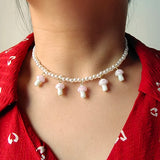 Simulated Pearl Beaded Chain Necklace with Mushroom Pendant for Women