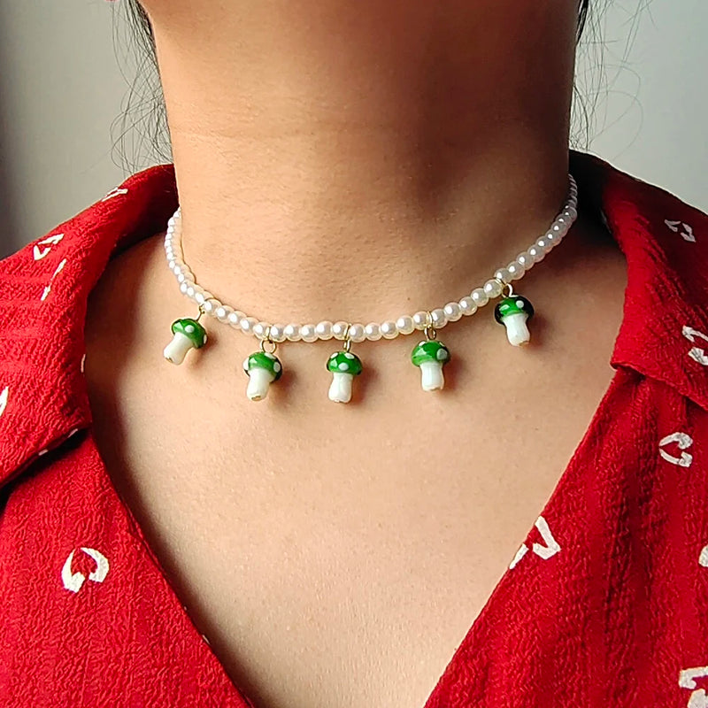Simulated Pearl Beaded Chain Necklace with Mushroom Pendant for Women