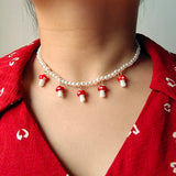 Simulated Pearl Beaded Chain Necklace with Mushroom Pendant for Women