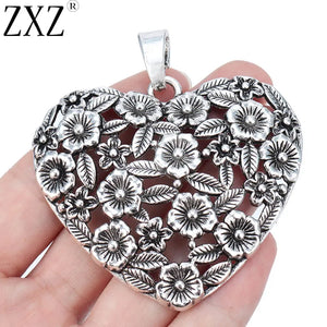2pcs Antique Silver Flower Heart Charms Pendants for Necklace Jewelry Making