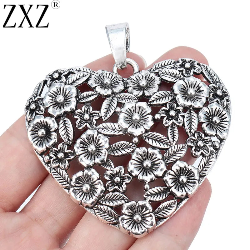 2pcs Antique Silver Flower Heart Charms Pendants for Necklace Jewelry Making