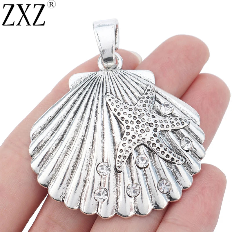 2pcs Large Scallop Shell Starfish Rhinestone Pendant 65x52mm