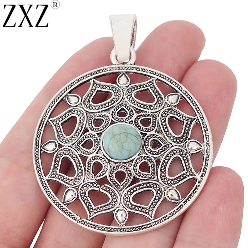 2pcs Tibetan Silver Filigree Flower Charms Pendants Green Resin Stone