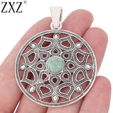 2pcs Tibetan Silver Filigree Flower Charms Pendants Green Resin Stone
