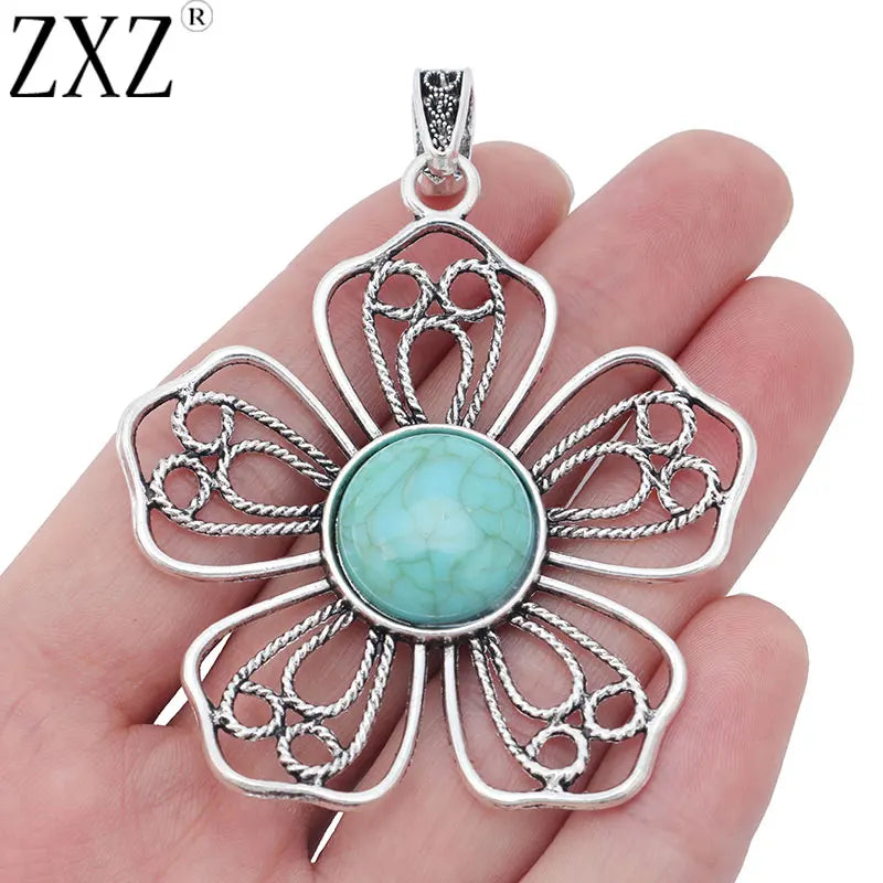 2pcs Tibetan Silver Filigree Flower & Stone Charms Pendants 62x59mm