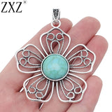2pcs Tibetan Silver Filigree Flower & Stone Charms Pendants 62x59mm