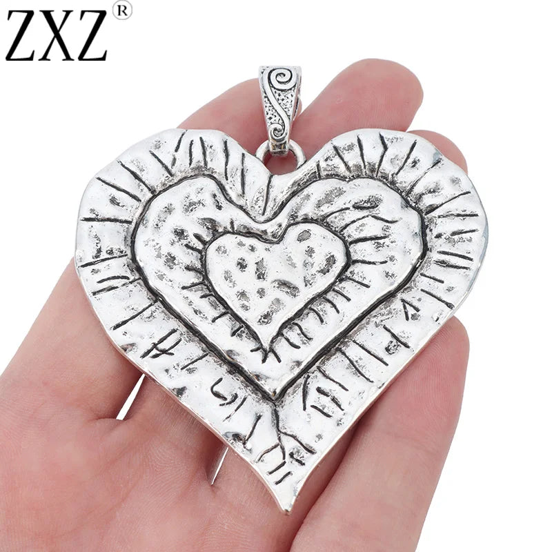 2pcs Tibetan Silver Large Heart Charms Pendants for Necklace Making 69x65mm