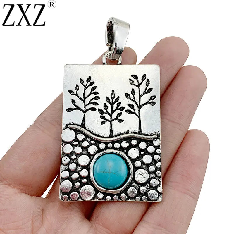 2pcs Tibetan Silver Tree Rectangle Stone Charms Pendants Necklace Jewelry Making