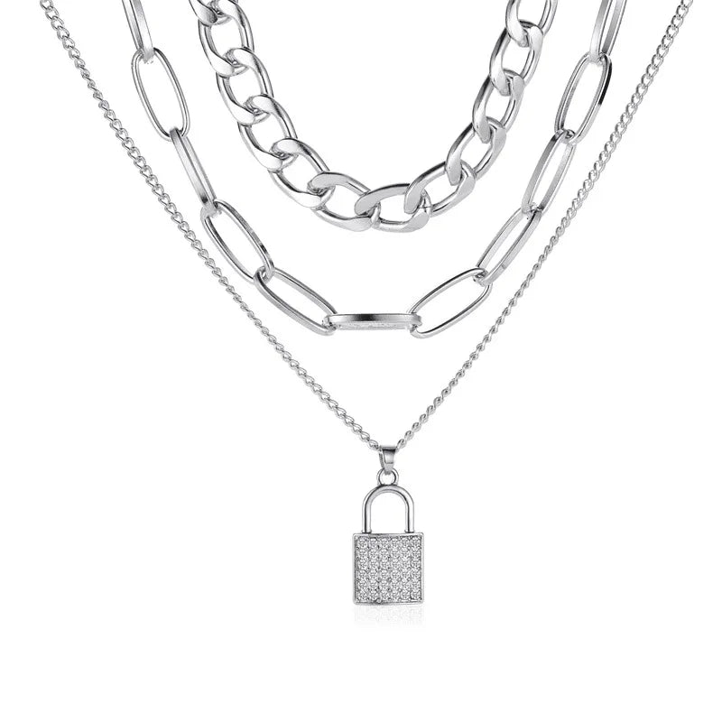 ZYZQ Lock Pendant Necklace Thick Chain Choker Multilayer Crude Chain