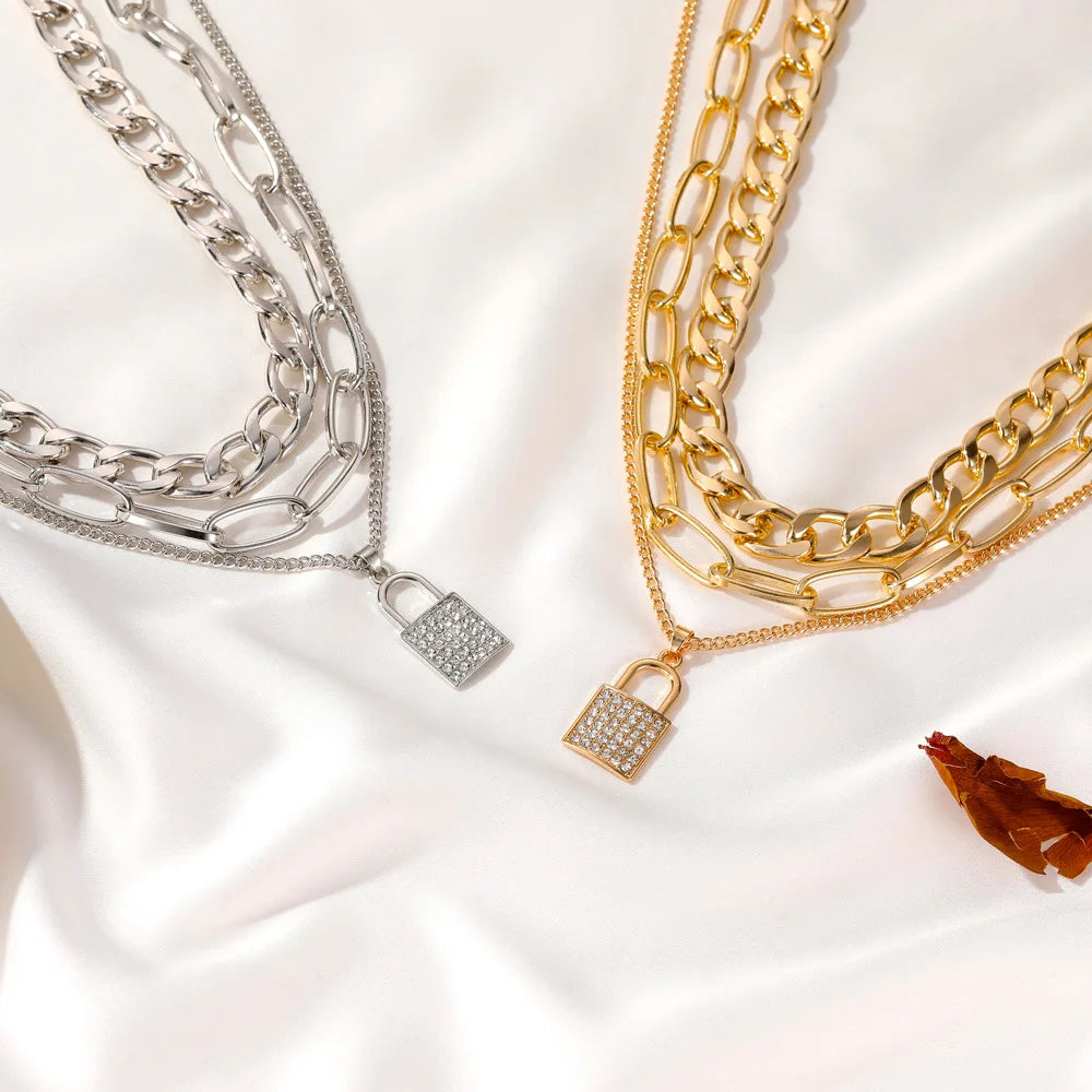 ZYZQ Lock Pendant Necklace Thick Chain Choker Multilayer Crude Chain