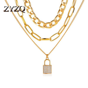 ZYZQ Lock Pendant Necklace Thick Chain Choker Multilayer Crude Chain