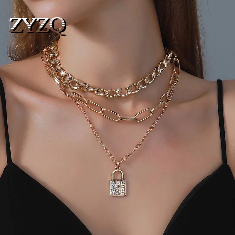 ZYZQ Lock Pendant Necklace Thick Chain Choker Multilayer Crude Chain
