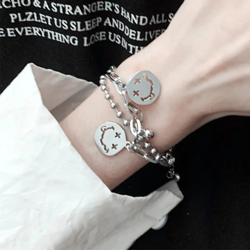 Harajuku Double Layer Bear Bracelet Retro Chain Pendant Charm Jewelry