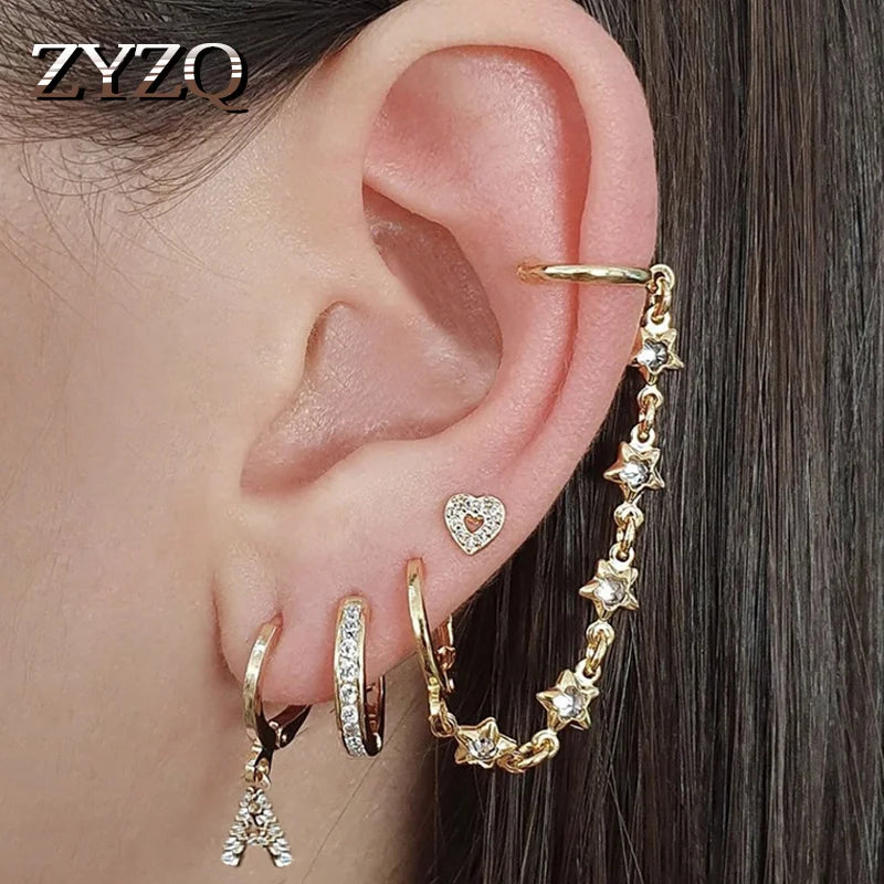 Double Love Hoops Tassel Chain Heart CZ Crystal Ear Cuff Earrings Set