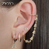 Double Love Hoops Tassel Chain Heart CZ Crystal Ear Cuff Earrings Set